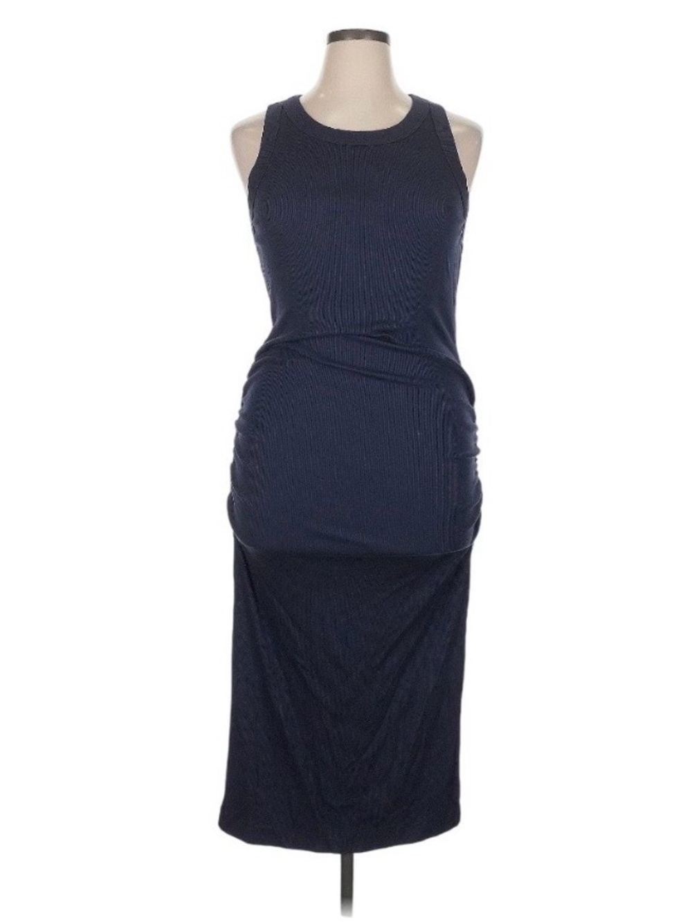 Michael Stars Navy Ribbed Sleeveless Ruched Midi Dress